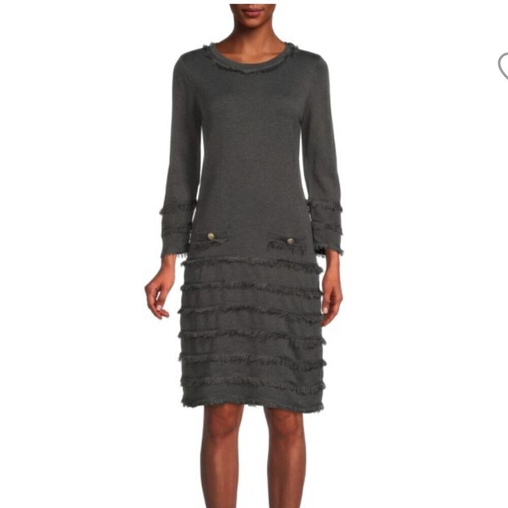Karl Lagerfeld Paris Black Long Sleeve Fringe Button Sweater Dress, Size Small